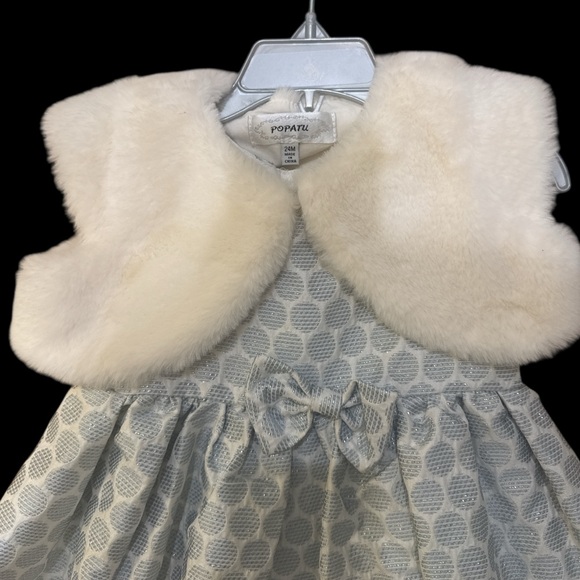 Popatu Cream Silver Sparkles Dress w/ Faux Fur Vest jacket baby girl 24 months - Picture 3 of 9